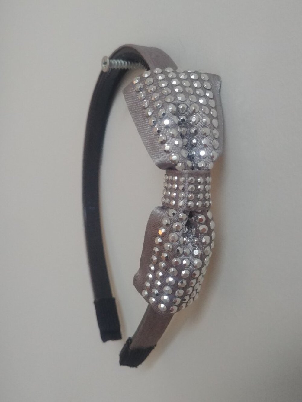 4/$20 Silver grey satin headband hair accessory with silver bow detail